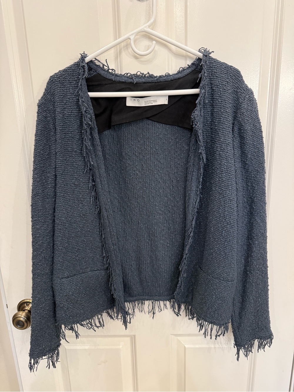 IRO Paris Blue Gray Frayed Knit Jacket Cardigan Size 40